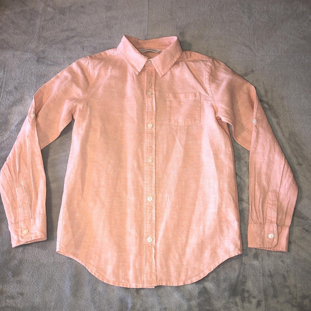 Janie And Jack‎ Button Up Shirt Boys 8 Pink Linen Cotton Roll Tab Long Sleeves